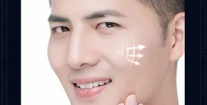 Close-up of facial lifting effect using sandalwood shaving cream for skin firming