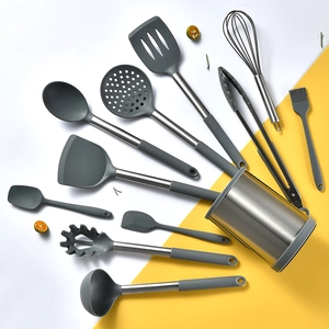 12-piece silicone kitchen utensil set with stainless steel handles and storage bucket