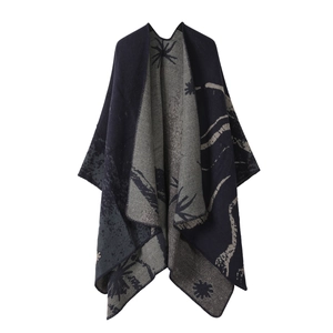 Dual-sided knit shawl in dark blue and grey with elegant jacquard leaf patterns