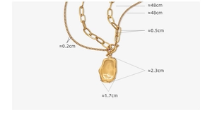 Size specifications for gold layered necklace with irregular pendant and chain dimensions