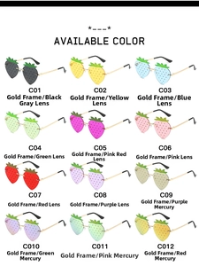 Detailed grid showing twelve colorful strawberry shaped rimless sunglasses with metal temples
