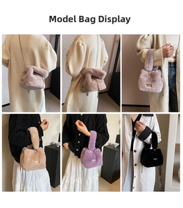 Multiple views of fuzzy faux fur bucket bag with chain strap in various seasonal colors