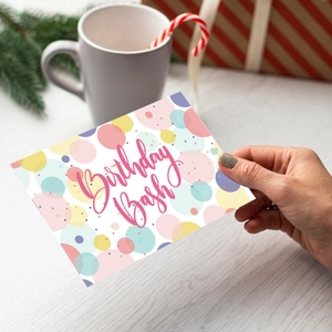 Colorful Birthday Bash card set with polka dot design and festive props in high-quality paper