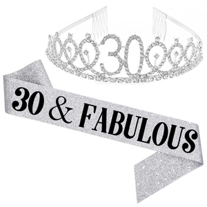 Silver 30 and Fabulous birthday set with crystal tiara and glitter sash for 30th party