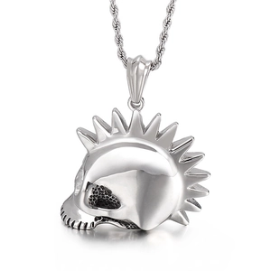 Retro hip hop skull head pendant in silver titanium steel with sunburst hair detail