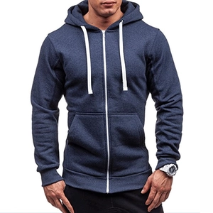 Men's casual navy zip-up hoodie with white drawstrings and ribbed cuffs for sports