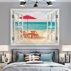 Detailed beach view wall tapestry with window frame design in cozy bedroom setting