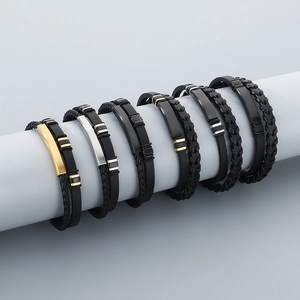 Men Layered Braided Leather Bracelet Stainless Steel Plate Magnetic Clasp Casual Punk Fashion Jewelry Accessory