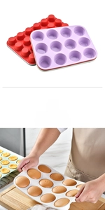 Flexible 12-cup silicone muffin pan for easy release of baked cakes and tarts