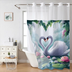 Rideau De Douche Et Tapis De Bain Imperméable Polyester Tissage Gaufre Avec Doublure Amovible Œillets Sans Crochet Cygne