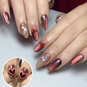 Luxury 3D Rhinestone Heart Cat Eye Press On Nails Long Almond Dark Red Burgundy Metallic Gold Fake Nails Art Kit With Glue