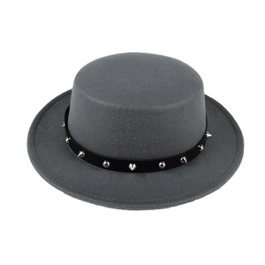 Classic dark grey wool flat top boater hat with punk rivet leather band detail