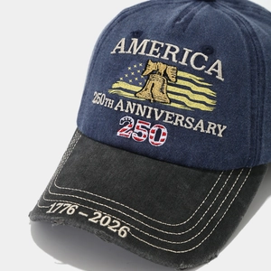 Detailed embroidery of America 250th anniversary logo on washed baseball cap