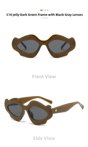 Detail of green jelly cloud-shaped sunglasses with a gold star on the temple