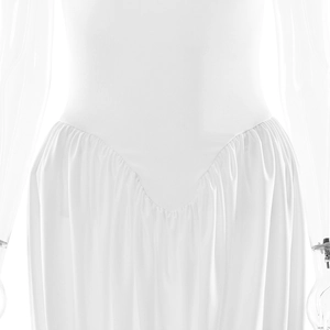 Detailed close-up of the V-shaped waist seam and ruched draping on white sleeveless dress