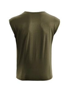 Rear view of army green men's sleeveless t-shirt showing fabric texture and round neck