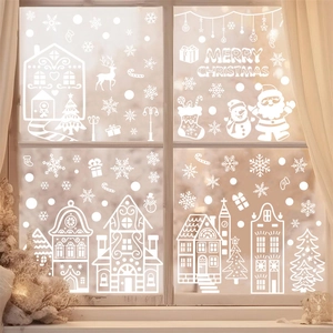 White Christmas window static stickers featuring Santa, reindeer, and snowy house patterns