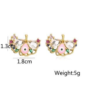 Macro view of evil eye stud earrings with colorful zircons and size dimensions