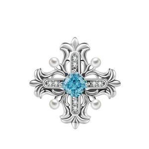 Vintage Baroque Cross Pendant Necklace 925 Sterling Silver Blue Gemstone White Artificial Pearl Rhinestone Jewelry For Women