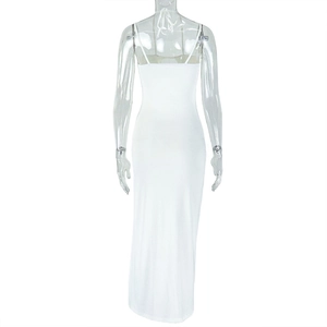 Detail view of white bodycon maxi dress with backless halter design and thin straps