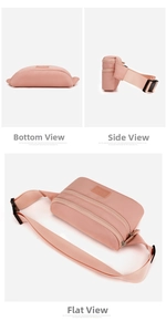 Detail view of pink Oxford fabric waist bag showing multi-layer zippers and adjust strap