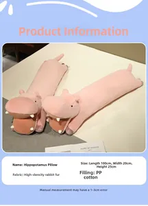 Close-up of pink long hippo plush pillow made of soft rabbit-like fur with PP cotton