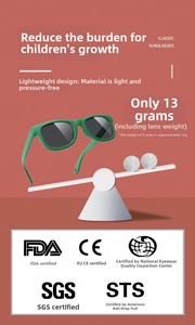 Lightweight 13g green silicone kids sunglasses shown on scale for weight comparison