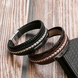 Handmade multilayer leather bracelets in black and brown with polished metal clasps