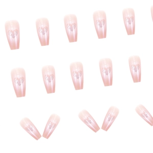 Pink gradient coffin fake nails with silver glitter heart patterns in a 24-piece set