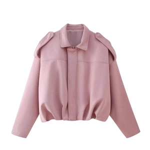 Pink faux suede bomber jacket with lapel collar and epaulettes on white background