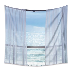 Detailed close-up of a 3D ocean view tapestry featuring realistic white curtains and sea