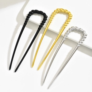 Minimalist U-shaped metal hair forks with beaded twist design in black gold and silver