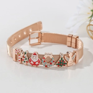 Detail of rose gold mesh bracelet with Christmas Santa, tree, and My Angel charm