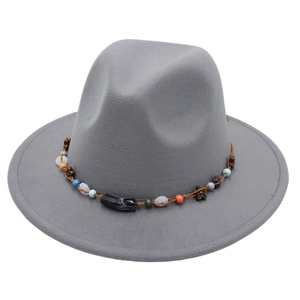 Grey wool felt fedora hat featuring colorful beaded trim and ethnic vintage style decor