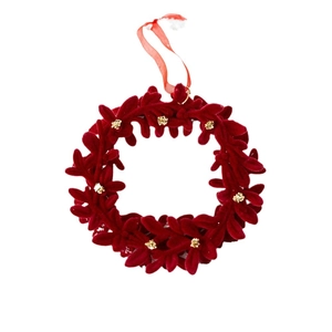 Couronne de Noël en velours rouge avec paillettes dorées et ruban pour décoration sapin