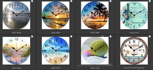 Detailed catalog showing eight nautical and beach themed silent round wall clocks