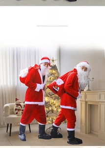 Detailed set of Santa Claus costume including coat, pants, hat, beard and gift bag