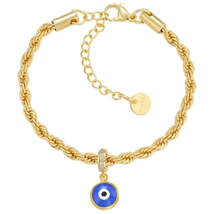 Bracelet torsadé doré avec pendentif œil bleu et poinçon S.STEEL sur fond blanc pur
