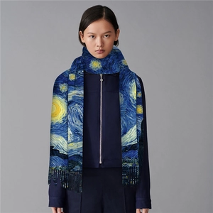 Van Gogh Starry Night cashmere-feel scarf with fringe, elegant pashmina wrap for women