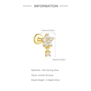 Detailed view of 925 sterling silver golden flower stud earrings with dimension measurements