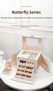Detailed view of white multi-layer jewelry organizer with 5 drawers and side necklace racks