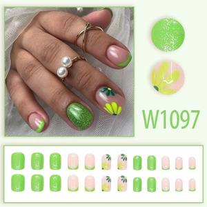French green glitter press-on nails set with daisy patterns and 24 pieces for reuse