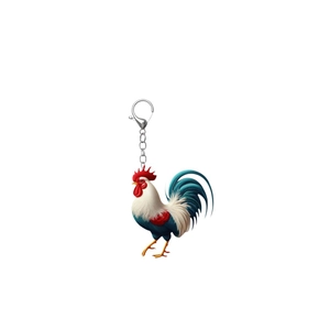Close-up of a colorful acrylic rooster keychain with bright red, white, and blue details
