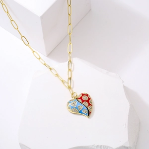 Retro 18K gold plated heart necklace with blue and red enamel on geometric stone
