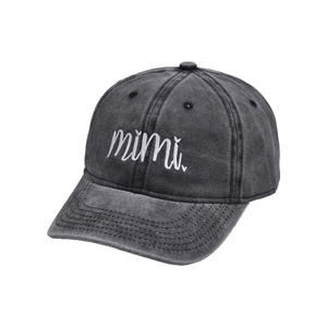 Close-up of mimi script embroidery on vintage washed charcoal grey cotton baseball cap