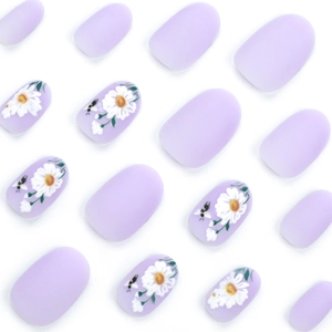 Matte purple press-on nails set featuring daisy floral patterns and honeybee art design