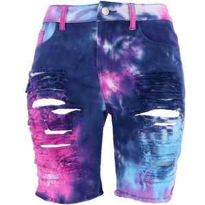High-waisted tie-dye denim shorts with distressed ripped holes in purple and blue