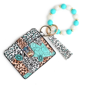Leopard print and turquoise silicone bead keychain bracelet with PU leather card holder wallet