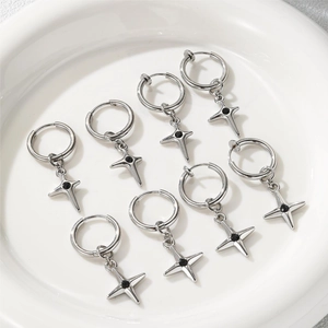 Hoop Earrings Stainless Steel Star Cross Pendant Black Stone Cool Punk Chic Style Silver Tone Jewelry For Men Women