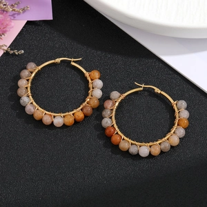 Bohemian gold hoop earrings with handmade wire-wrapped natural stone beads in various colors
